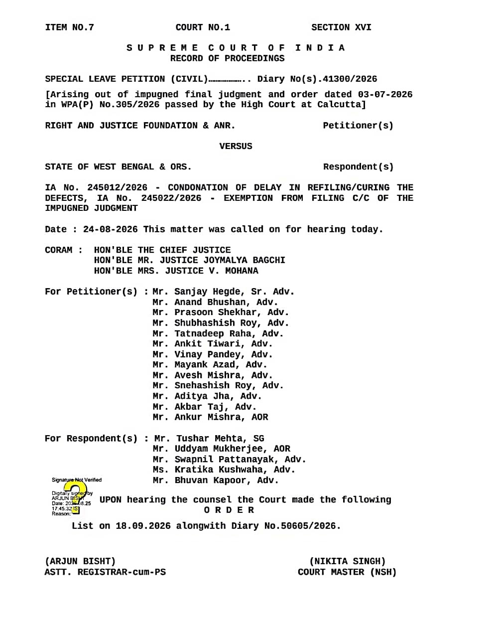 Supreme Court SLP ওবিসি মামলা অর্ডার কপি